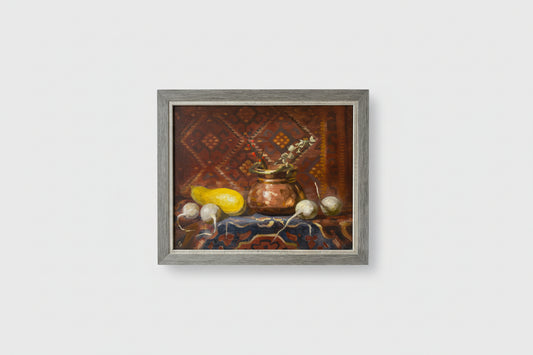 An oil on canvas artwork featuring a still life with turnips, textiles, and a pot, framed in a wooden frame, displayed on a wall in a bright room with plants and a window.
