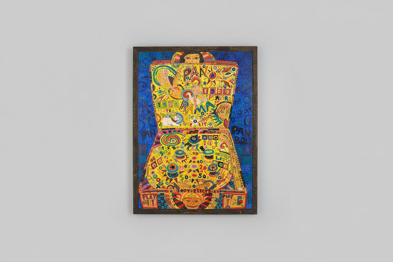 A colorful mixed media on canvas art piece featuring a pinball machine design, with gold leaf accents, displayed on a wall in a brightly lit room with plants beside it.