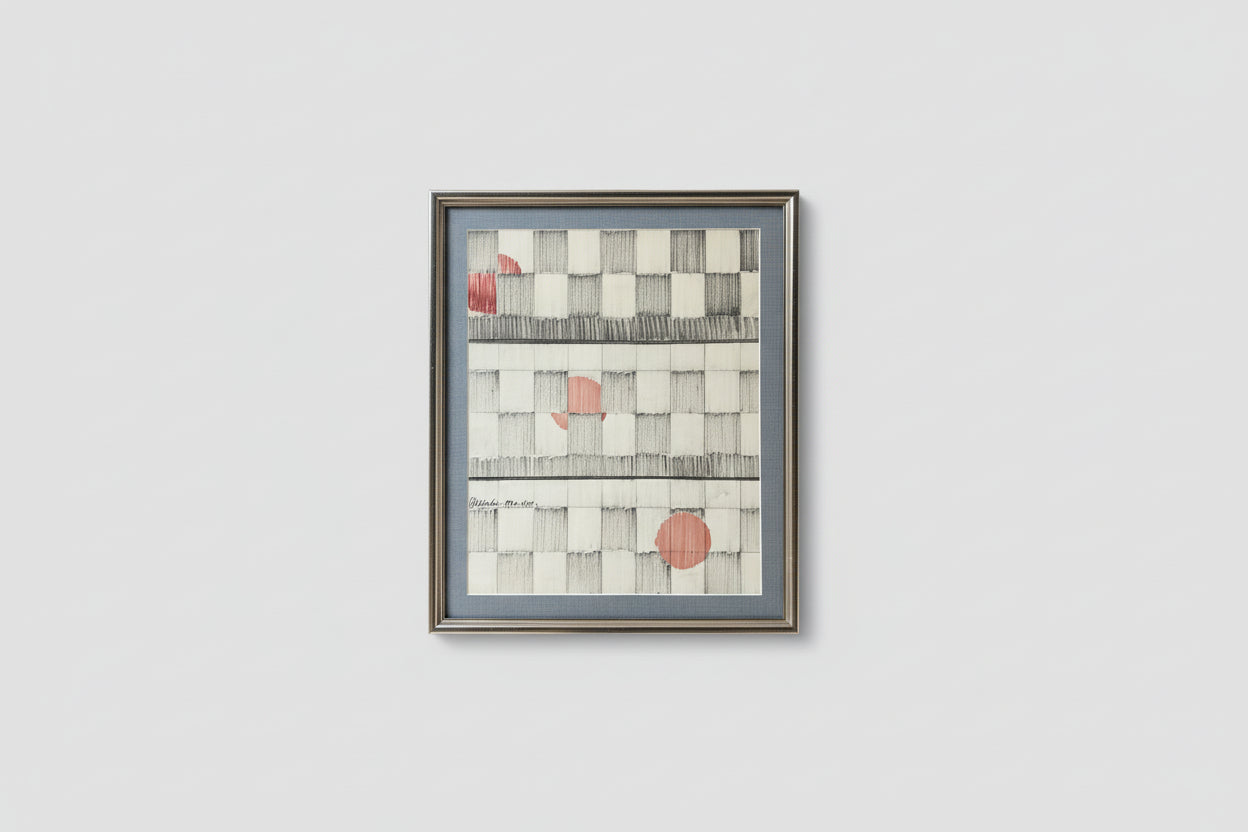 Framed pen and ink artwork hanging on a wall, depicting a grid-like pattern with some form of visual representation possibly in a different color or with markings.