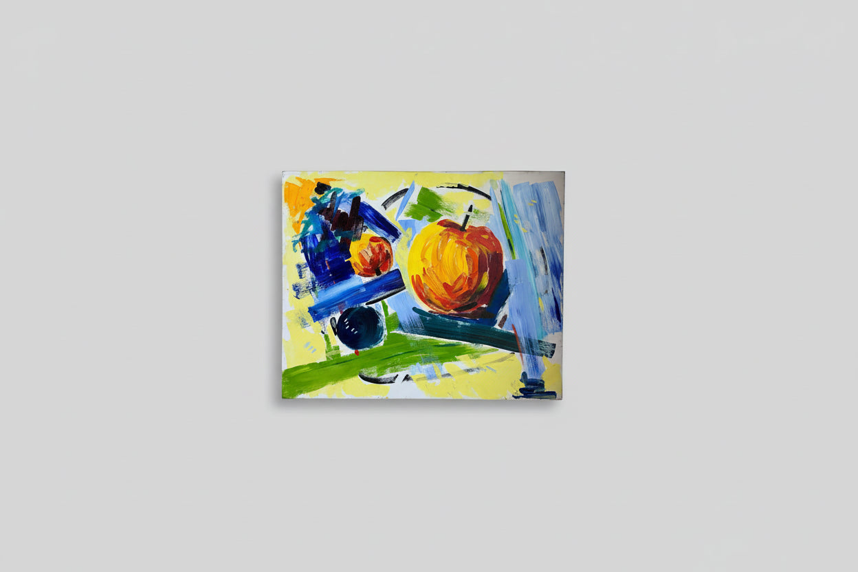 A vibrant oil on canvas artwork featuring a colorful abstract still life composition displayed above a modern interior setting with a window and plants.