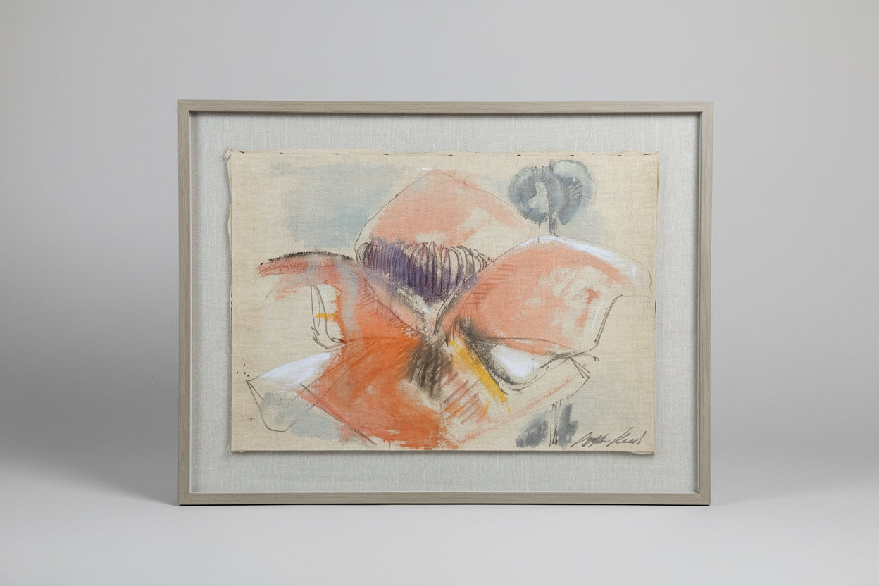 A framed abstract painting featuring bold orange, red, and purple brushstrokes on a textured beige canvas, housed in a light gray frame and leaning against a wall in an art gallery or home decor store.